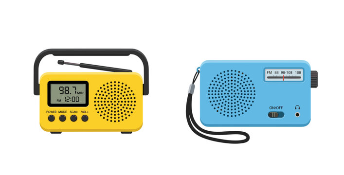 Vintage transistor radios and digital portable audio receivers vector icons set for communication