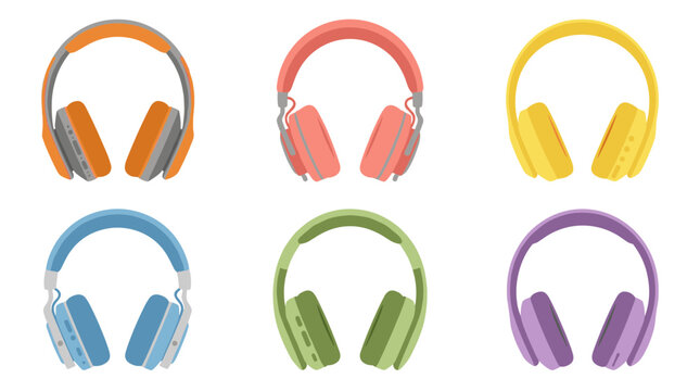 Colorful modern over ear wireless headphones vector collection with orange red yellow blue green purple set