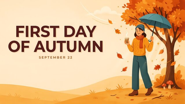 Happy woman holding umbrella and coffee cup standing under autumn tree on the first day of fall season