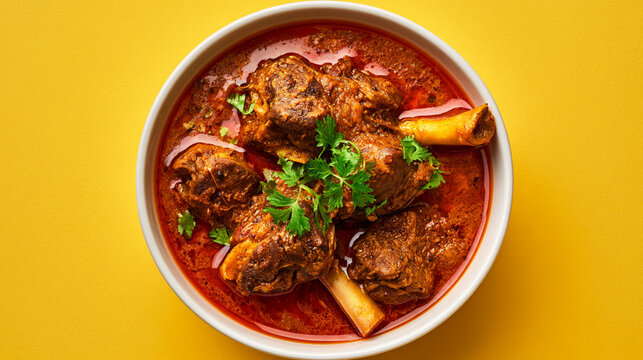 Delicious indian mutton curry or lamb rogan josh served in a bowl, top view, yellow background
