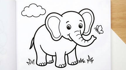 Naklejka premium Charming black and white sketch of a baby elephant reaching for a butterfly in a grassy field with clouds