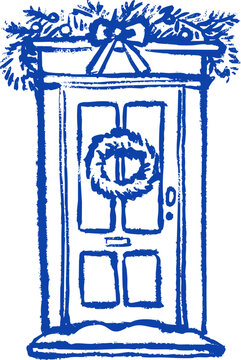 Vintage hand drawn crayon doodle house door. Traditional Christmas sketch. Holiday retro isolated vector illustration.