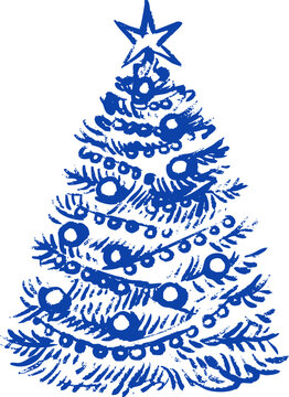 Vintage hand drawn crayon doodle Cristmas tree. Traditional sketch ornament. Holiday isolated vector illustration.
