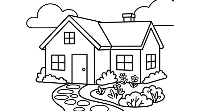 Lovely black and white line art illustration of a quaint cozy cottage featuring a beautiful garden and gently smoking chimney