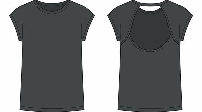Black Women's T-Shirt Technical Flat Sketch Featuring an Open Back Design with Round Neckline and Cap Sleeves