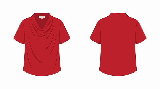 Elegant Women Red Cowl Neck Blouse with Short Sleeves Fashion Technical Drawing Front and Back View Template