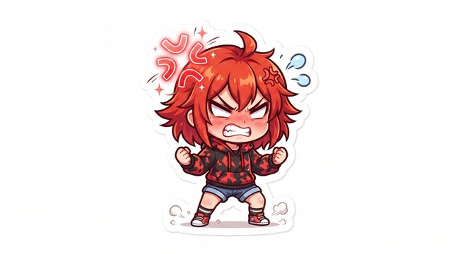 Cute animated chibi character with pink hair and a frustrated angry expression, posed energetically in a colorful cartoon style. Ideal for animation, stickers, games, social media graphics, emojis.
