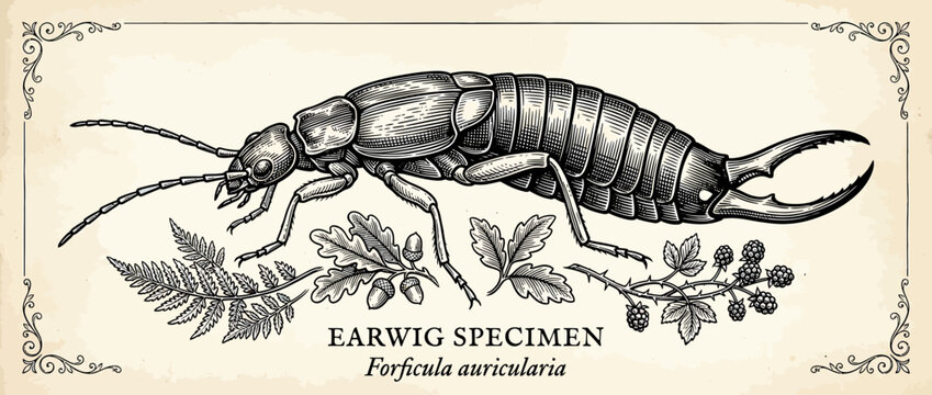 Vintage Illustration of an Earwig Specimen with Botanical Elements
