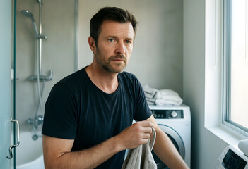 Obraz premium Man doing laundry in a modern bathroom, domestic life and household chores, daily routine and home management