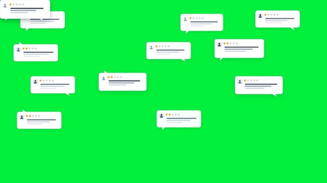 Animated vector background featuring negative online customer review speech bubbles with 1 and 2 star ratings appearing smoothly.