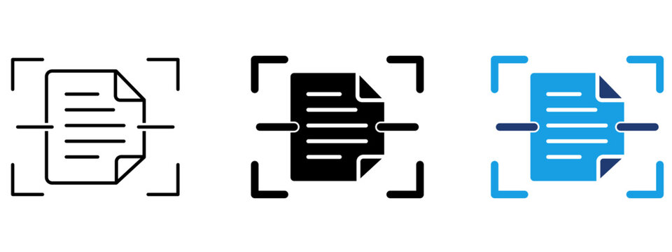 Document scan icon in outline, solid, and duotone style. Symbol of file scanner, text recognition, OCR technology, paper reader, document verification, optical scanning, and digital archive.