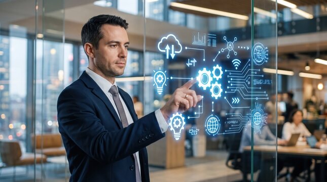 Businessman touching virtual futuristic interface on glass wall in modern office, digital transformation and cloud computing technology concept
