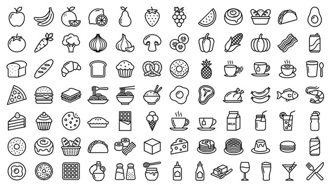 80 food and beverage outline icons with editable thin line culinary symbols for fruits vegetables meals desserts bakery drinks and menus