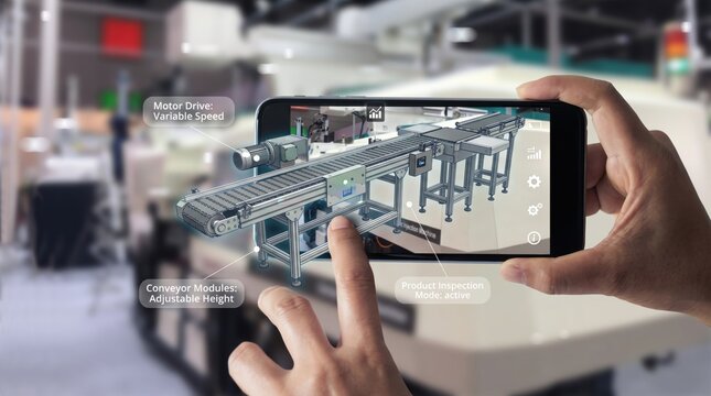 Engineer using smartphone with augmented reality app to inspect industrial conveyor belt system in smart factory environment