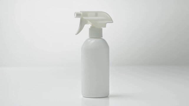 White trigger spray bottle standing on a reflective surface against a plain bright background