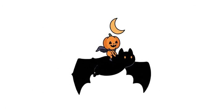 Cute Jack-o'-lantern Pumpkin Riding a Flying Bat (Chiroptera), Halloween Animation