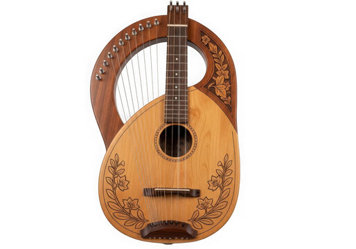 Beautiful antique wooden lute musical instrument with detailed floral carving decorations isolated on transparent background