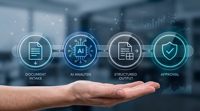 Automated data workflow process displaying hand holding glowing cognitive computing interface for document analysis