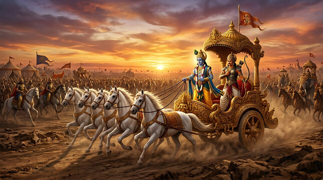 Lord krishna and arjuna on a golden chariot during the kurukshetra war