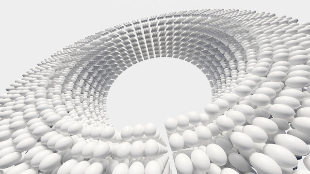 Abstract 3D render of a torus shape made from thousands of small white spheres on white. Clean, futuristic background for technology, science, data, and modern product design concepts