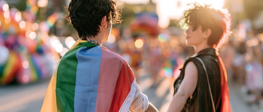 Celebrate love and pride with this vibrant scene: Two joyful individuals stand f
