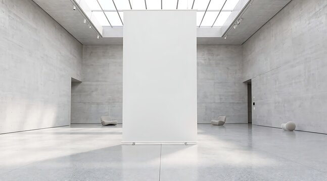 Modern Art Gallery Interior with White Display Panel and Natural Light.
