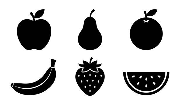 Set of fresh fruit icons including apple pear orange banana strawberry and watermelon slice