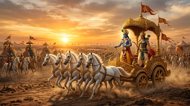 Lord krishna and arjuna on a golden chariot at the battlefield of kurukshetra