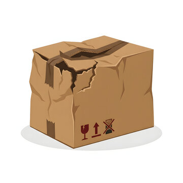 Damaged cardboard box with crushed corner and shipping symbols