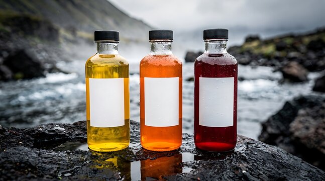 Three bottles of colorful liquids in a natural outdoor setting.