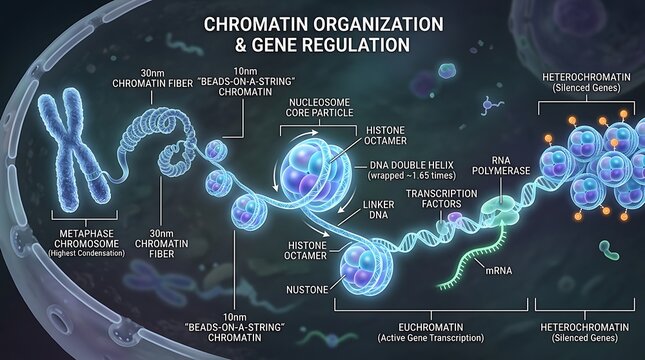 Chromatin organization and gene regulation diagram showing DNA structure and nucleosomes.
