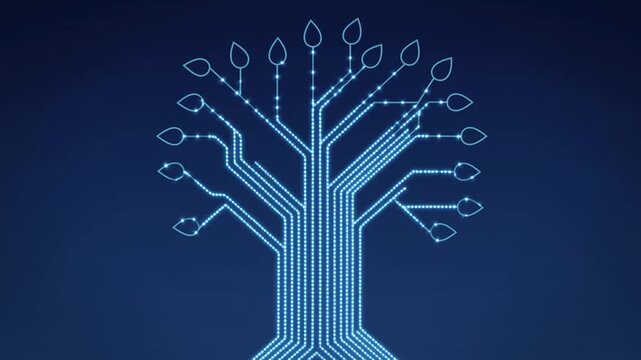 Glowing circuit tree with branching lines and leaf nodes on dark blue background