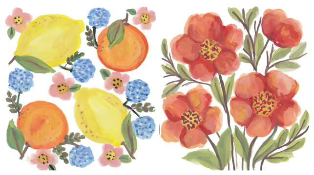 Fruits and flowers, lemon orange flowers hand drawn watercolor pattern