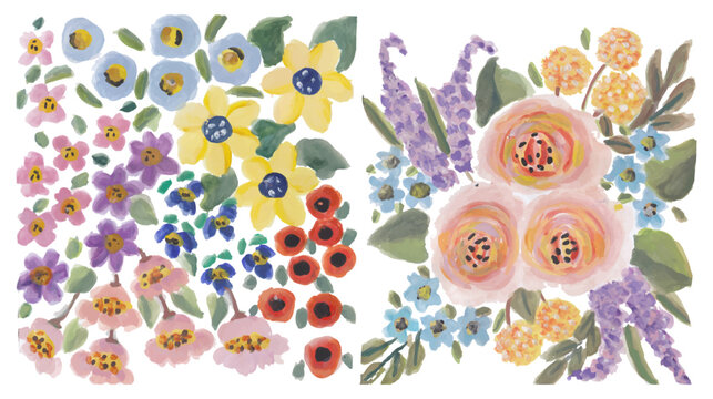 Colorful flowers pattern hand drawn watercolor art