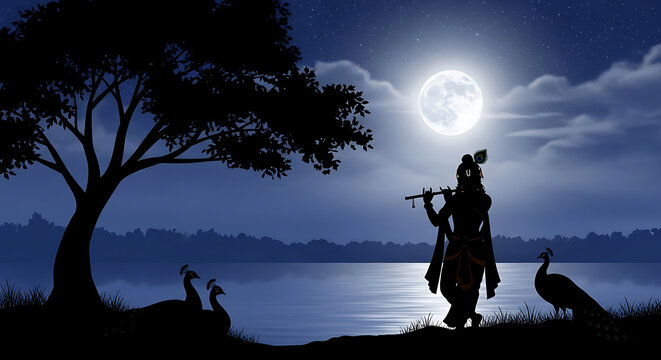 Silhouette of lord krishna playing the flute under a full moon with peacocks by a river