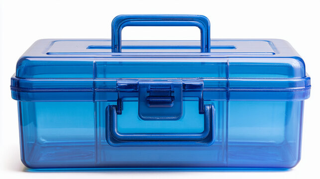 Blue transparent plastic storage box isolated on white background