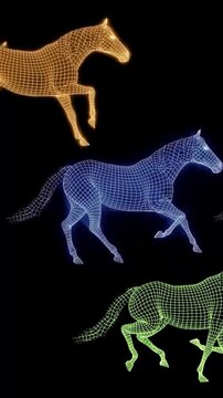 Wireframe Horse Herd Running &ndash; Digital Mesh Animation. A dynamic visual of a herd of horses rendered in a wireframe mesh structure, galloping past the camera. The digital mesh effect gives the animals