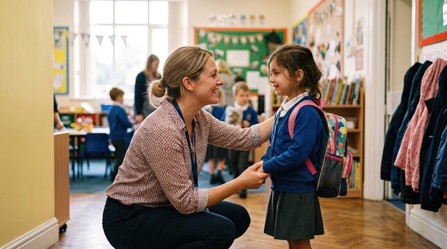 Teacher greeting young student at school