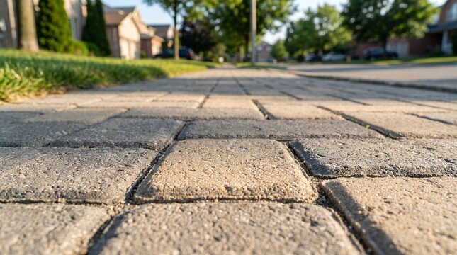 Low angle view of interlocking brick paving stone sidewalk in a quiet suburban neighborhood