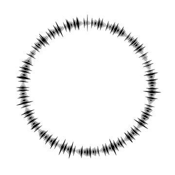 Circular black audio waveform radial ring dynamic sound spikes on transparent background.
