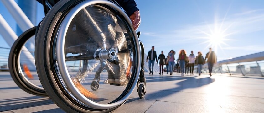 Sunlight glints off a wheelchair's polished wheel