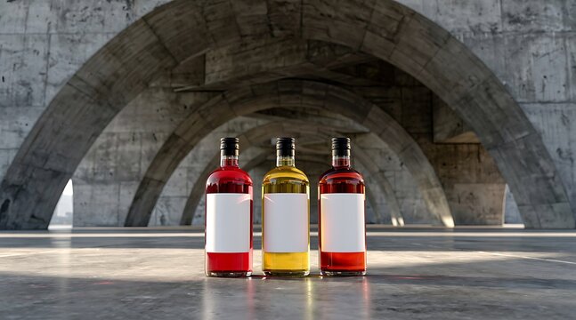 Three bottles of alcoholic beverages lined up in a row with blank labels.