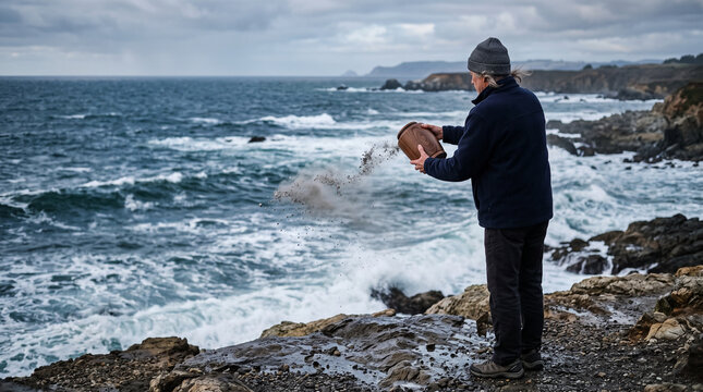Scattering ashes during memorial service, small urn being used at sea, with hands releasing remains into ocean. Scattering ashes into calm water is a ritual, a way to say a last goodbye to loved one