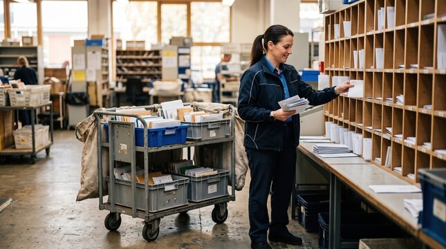 Woman sorting mail in post office