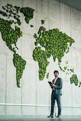 Obraz premium Young businessman holding a tablet, standing in a contemporary office space with a biophilic world map on the wall