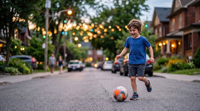 Boy playing soccer on a street at dusk
