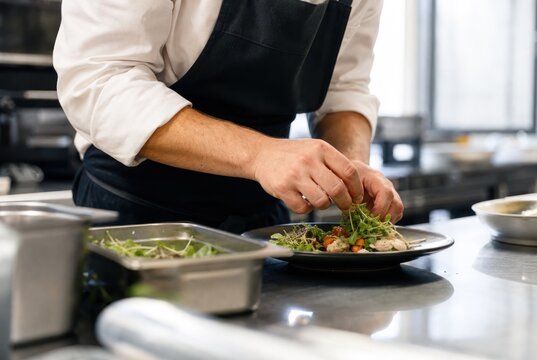 Professional chef plating fresh gourmet salad with shrimp in sleek modern kitchen, fine dining preparation, culinary artistry, vibrant greens, restaurant quality