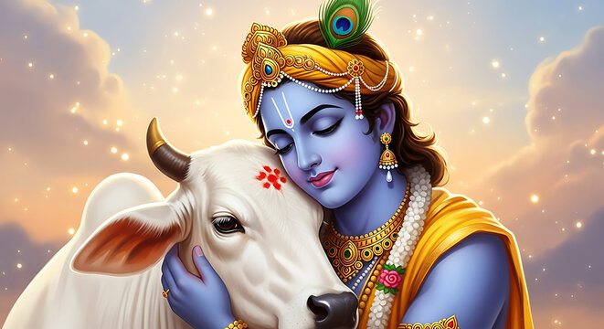 Lord krishna embracing a sacred cow in a divine golden atmosphere