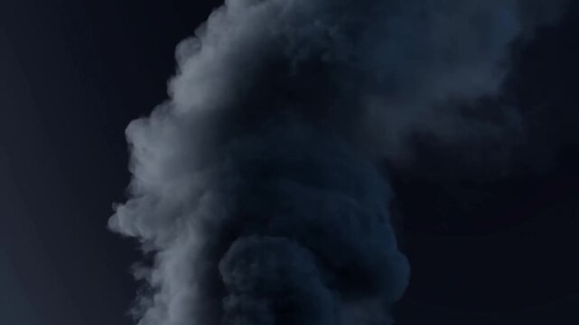 Dense gray smoke plume billows and expands upward against a dark blue sky