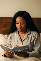 Naklejka premium African american woman in pajamas reading a book in bed, relaxation and self care at home, evening routine and leisure activity